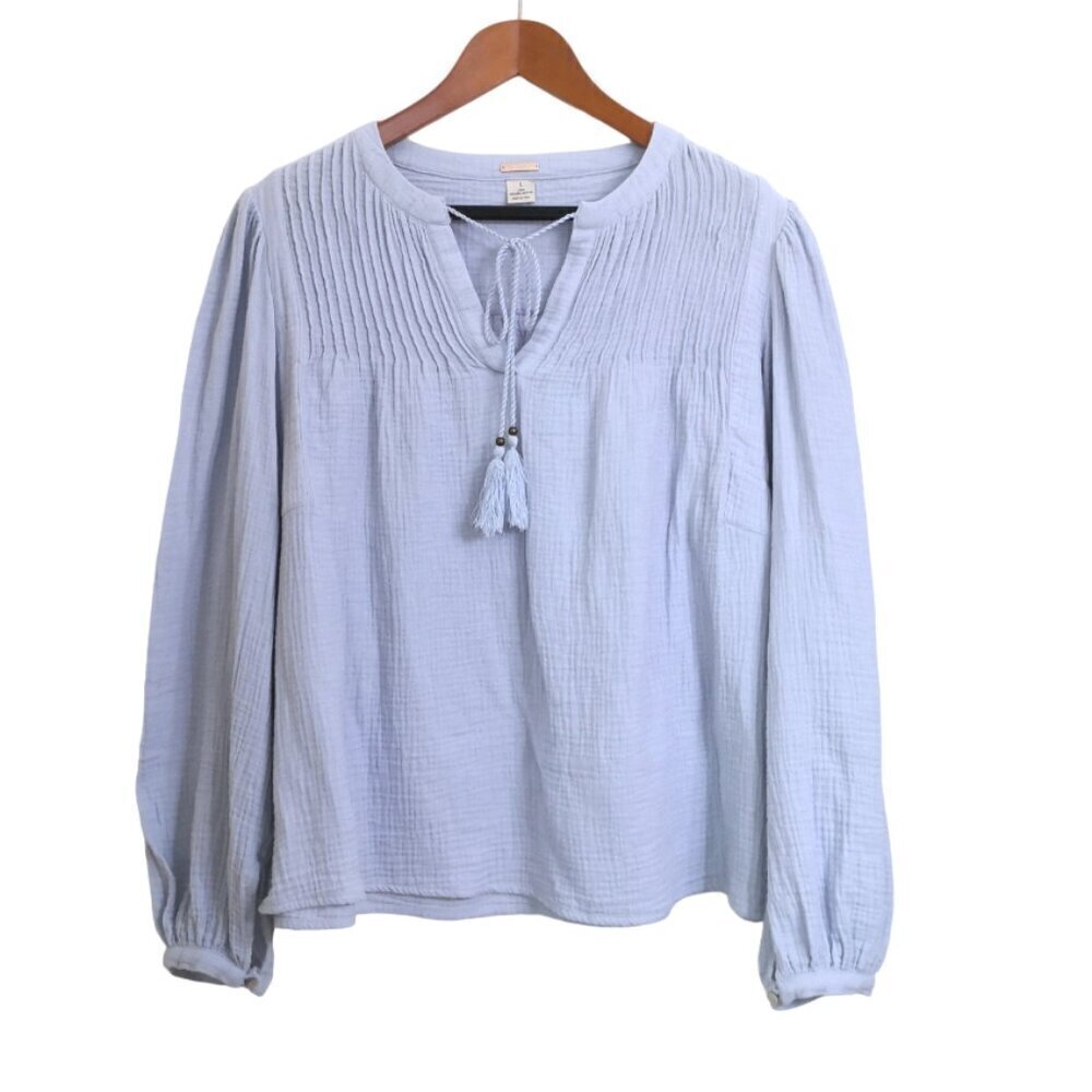 Magaschoni‎ 100% Organic Cotton Long Sleeve Blouse Boho Gauzy Light Blue Size L